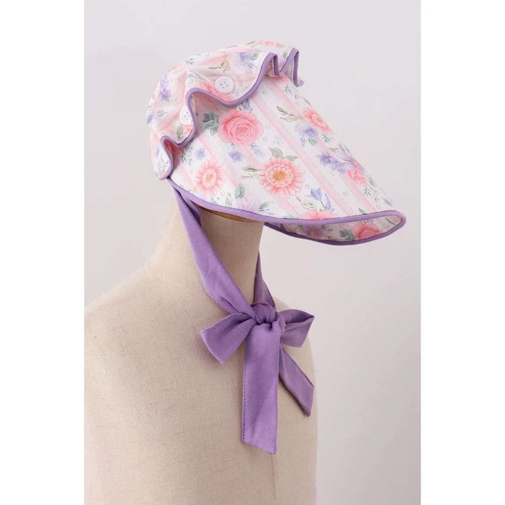 Purple Rose Bow Print Sun Bonnet Wide Brim Cottagecore Infant Large NEW